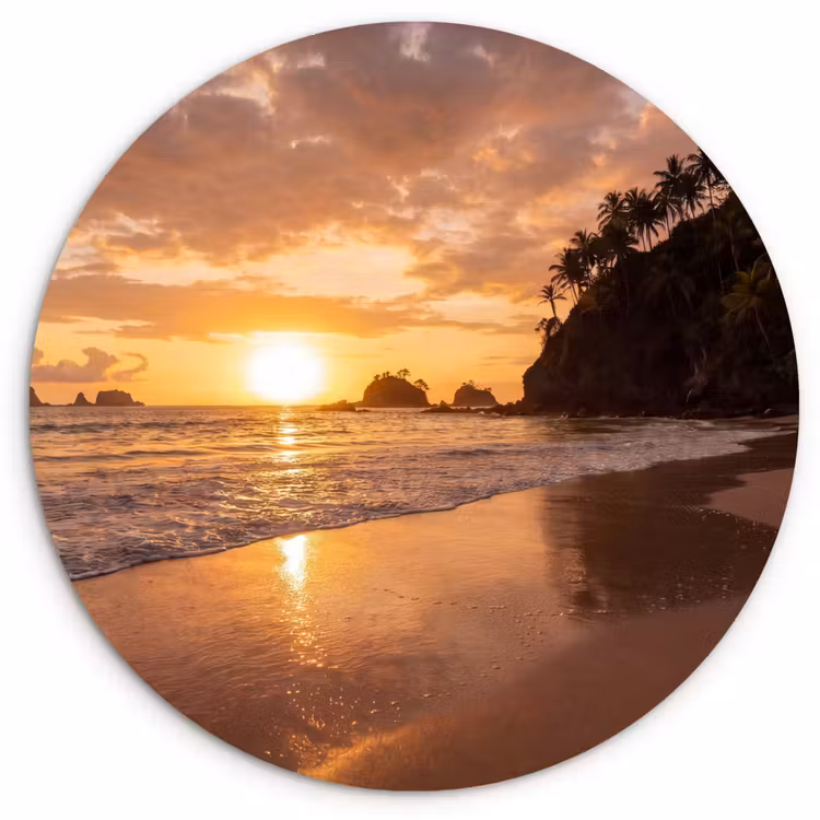 Strand - Zonsondergang - Natuur - Tropisch - Oranje Wandcirkel kunststof plaat 5mm dik klein -3d