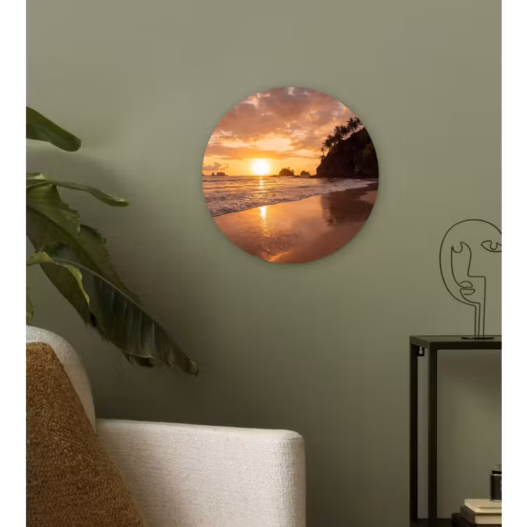 Strand - Zonsondergang - Natuur - Tropisch - Oranje Wandcirkel kunststof plaat 5mm dik klein -sfeer3