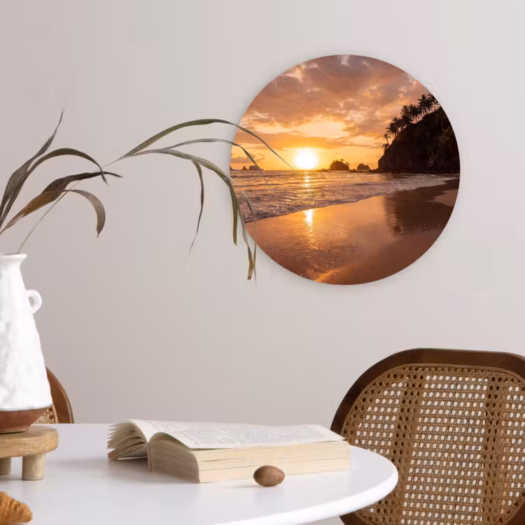 Strand - Zonsondergang - Natuur - Tropisch - Oranje Wandcirkel kunststof plaat 5mm dik klein -sfeer4