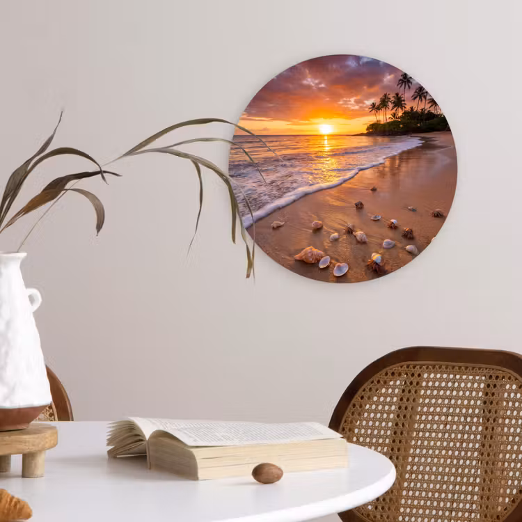 Strand - Zonsondergang - Palmbomen - Natuur - Oranje Wandcirkel kunststof plaat 5mm dik klein -sfeer4