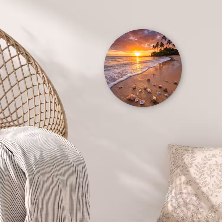 Strand - Zonsondergang - Palmbomen - Natuur - Oranje Wandcirkel kunststof plaat 5mm dik klein -sfeer5