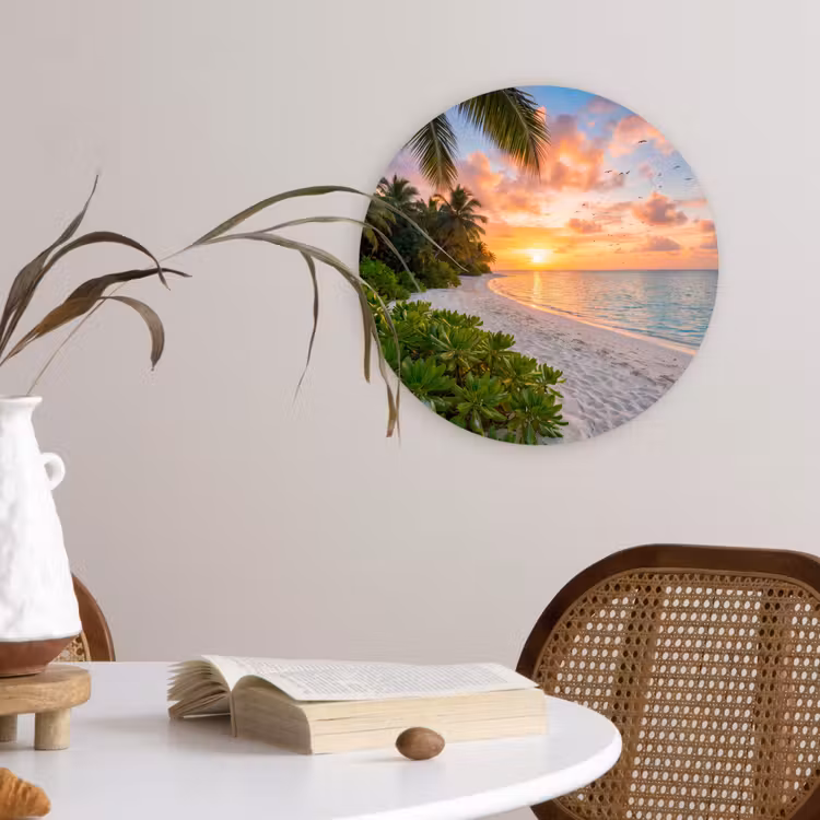 Strand - Zonsondergang - Palmbomen - Tropisch - Natuur Wandcirkel kunststof plaat 5mm dik klein -sfeer4