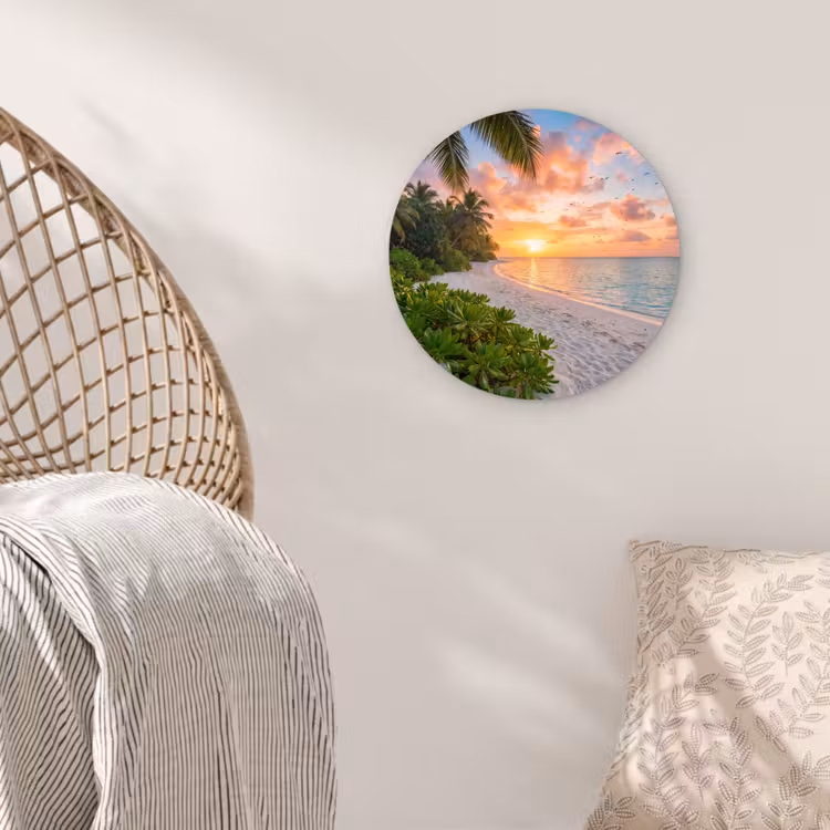 Strand - Zonsondergang - Palmbomen - Tropisch - Natuur Wandcirkel kunststof plaat 5mm dik klein -sfeer5