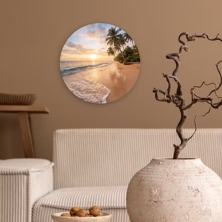 Strand - Zonsondergang - Tropisch - Natuur - Goud Wandcirkel kunststof plaat 5mm dik klein -sfeer1