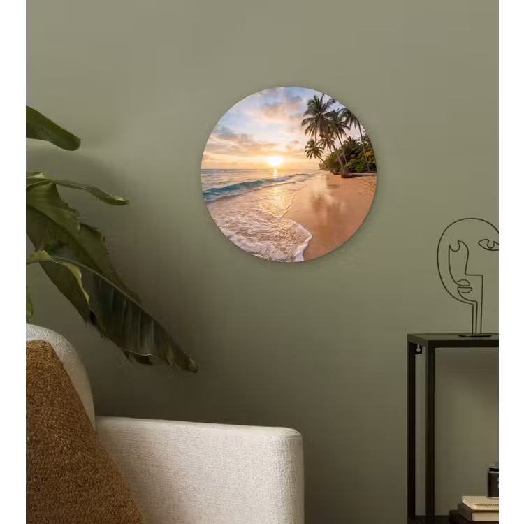 Strand - Zonsondergang - Tropisch - Natuur - Goud Wandcirkel kunststof plaat 5mm dik klein -sfeer3