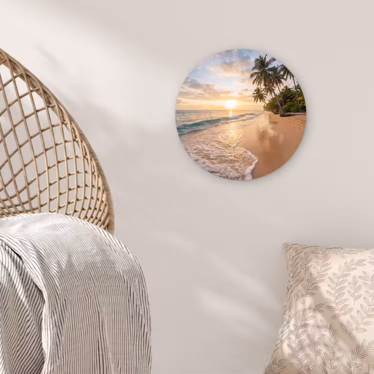 Strand - Zonsondergang - Tropisch - Natuur - Goud Wandcirkel kunststof plaat 5mm dik klein -sfeer5