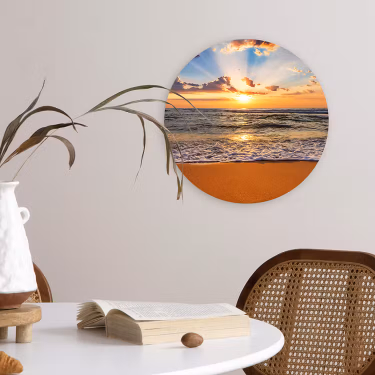 Strand - Zonsondergang - Zee - Wolken - Horizon Wandcirkel kunststof plaat 5mm dik klein -sfeer4