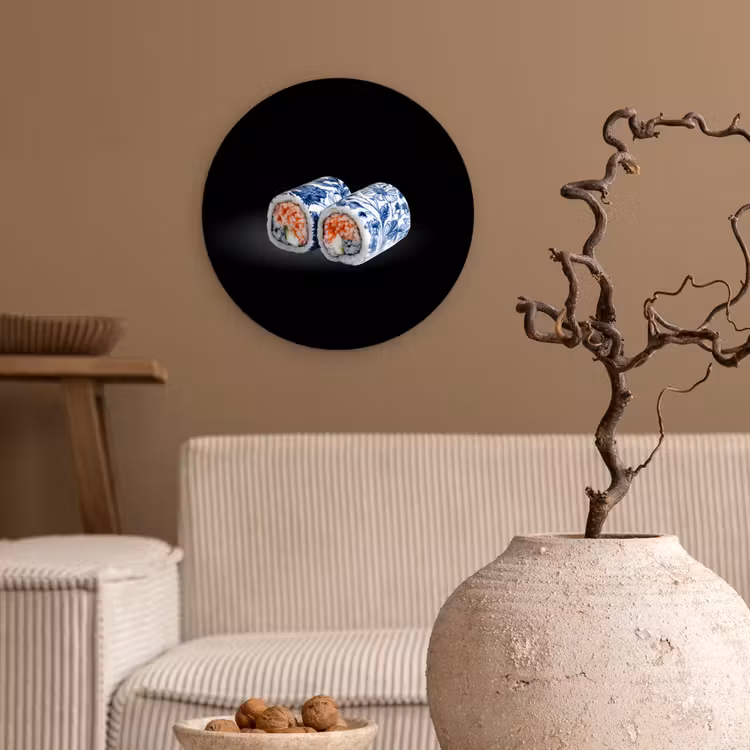 Sushi - Delfts blauw - Rijst - Vis - Elegant Wandcirkel kunststof plaat 5mm dik klein -sfeer1