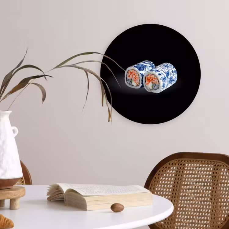 Sushi - Delfts blauw - Rijst - Vis - Elegant Wandcirkel kunststof plaat 5mm dik klein -sfeer4