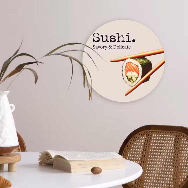 Sushi - Zalm - Rijst - Japans Wandcirkel kunststof plaat 5mm dik klein -sfeer4