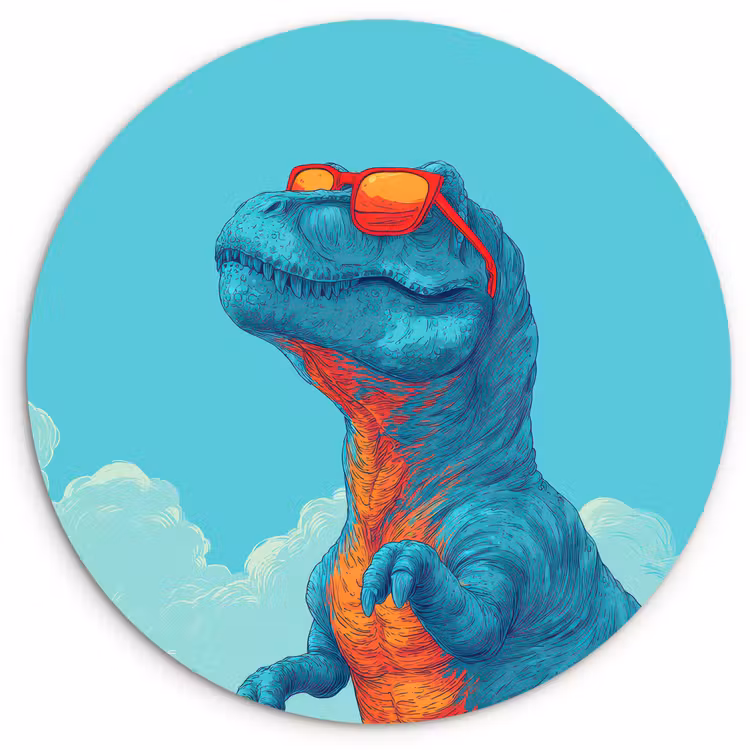 T-Rex - Blauw - Wolken - Zonnebril Wandcirkel kunststof plaat 5mm dik klein -3d