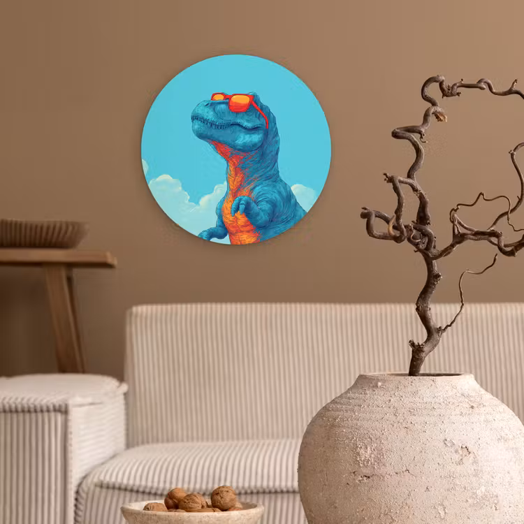 T-Rex - Blauw - Wolken - Zonnebril Wandcirkel kunststof plaat 5mm dik klein -sfeer1