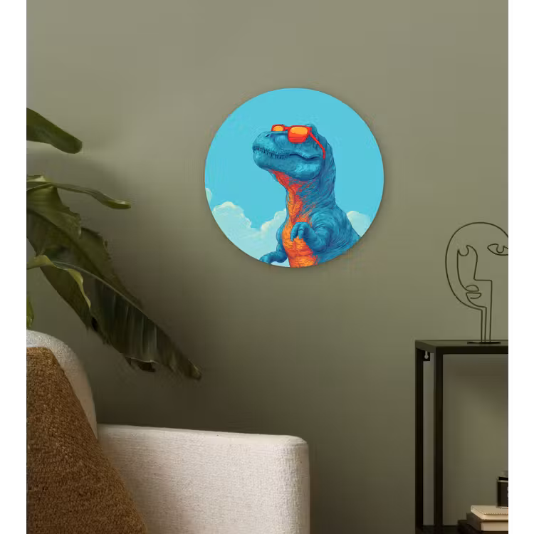 T-Rex - Blauw - Wolken - Zonnebril Wandcirkel kunststof plaat 5mm dik klein -sfeer3