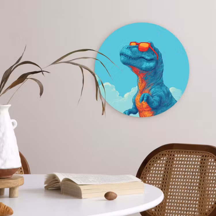 T-Rex - Blauw - Wolken - Zonnebril Wandcirkel kunststof plaat 5mm dik klein -sfeer4