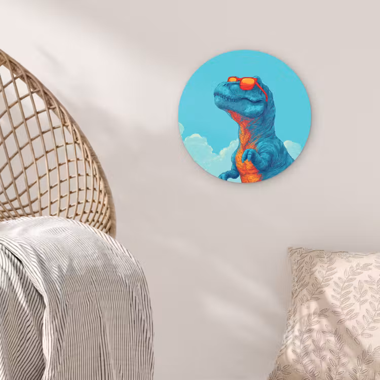 T-Rex - Blauw - Wolken - Zonnebril Wandcirkel kunststof plaat 5mm dik klein -sfeer5