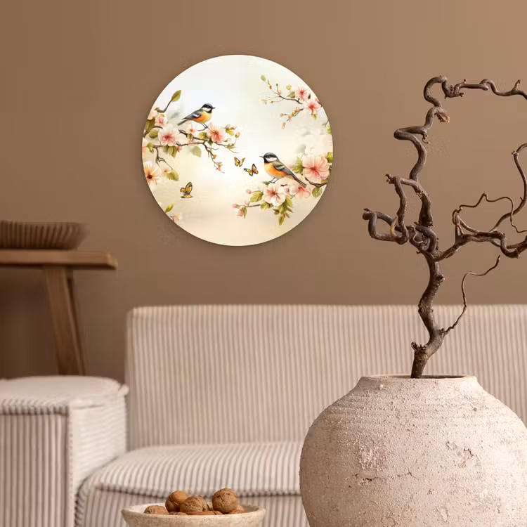 Takken - Bloemen - Vogeltjes - Roze Wandcirkel kunststof plaat 5mm dik klein -sfeer1