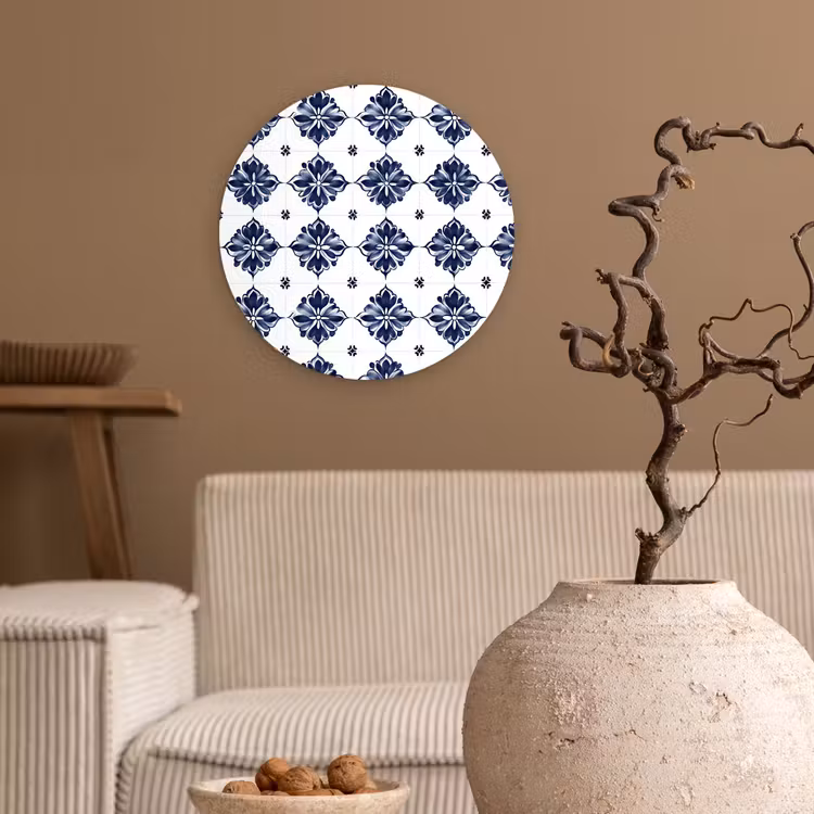 Tegelmotief - Blauw - Wit - Bloem Wandcirkel kunststof plaat 5mm dik klein 188 -sfeer1