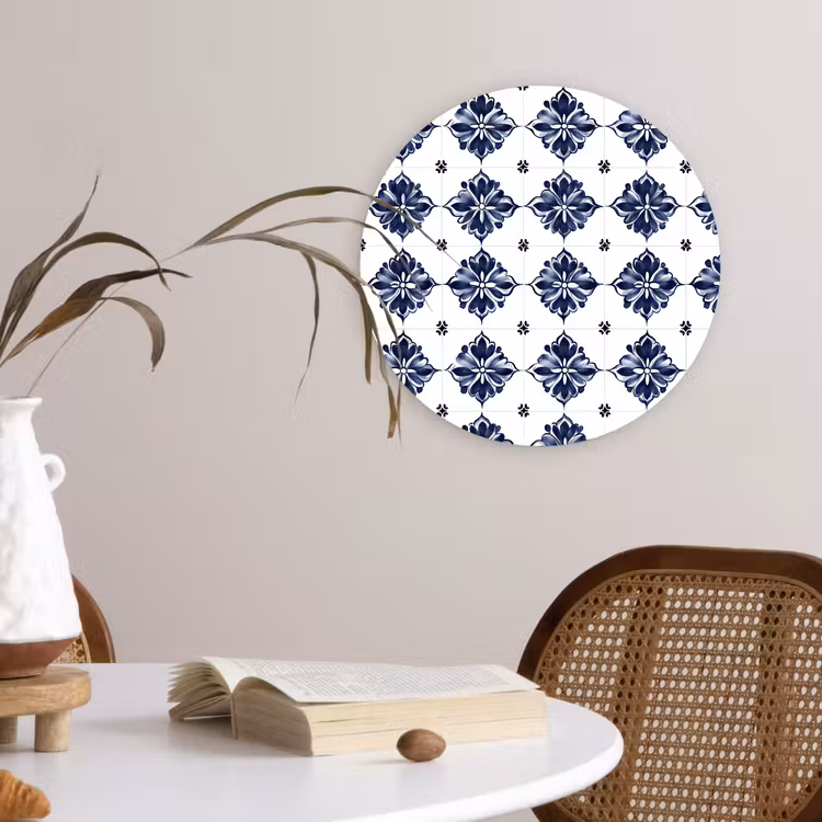 Tegelmotief - Blauw - Wit - Bloem Wandcirkel kunststof plaat 5mm dik klein 188 -sfeer4