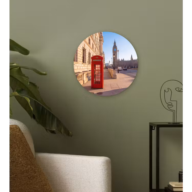 Telefooncel - Rood - Londen - Stad - Architectuur Wandcirkel kunststof plaat 5mm dik klein -sfeer3