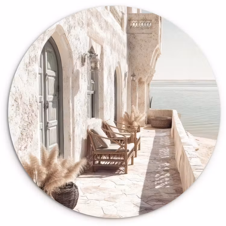 Terras - Stoelen - Strand - Beige Wandcirkel kunststof plaat 5mm dik klein -3d