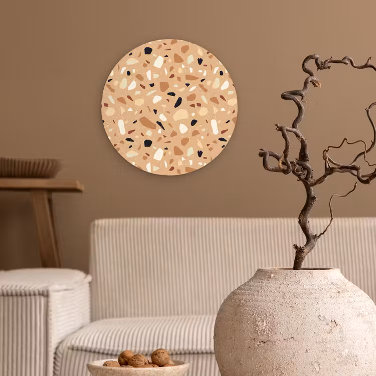 Terrazzo - Patroon - Kleurrijk - Oranje Wandcirkel kunststof plaat 5mm dik klein 188 -sfeer1