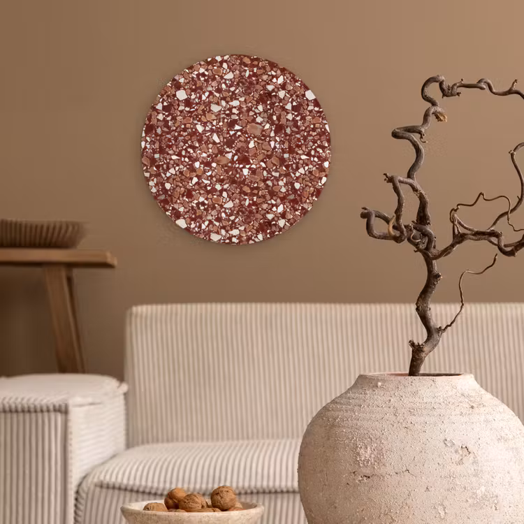 Terrazzo - Patroon - Steentextuur - Roodbruin Wandcirkel kunststof plaat 5mm dik klein 188 -sfeer1