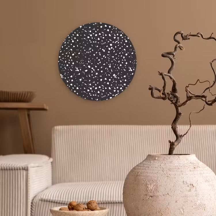 Terrazzo -  Patroon - Zwart - Wit Wandcirkel kunststof plaat 5mm dik klein 188 -sfeer1