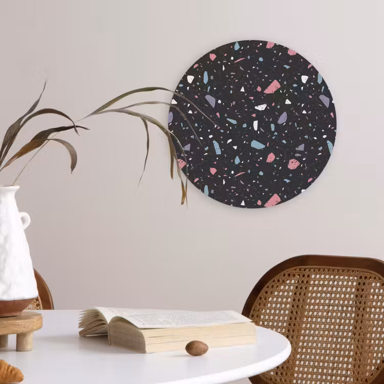 Terrazzo - Patroon - Zwart - Zacht Wandcirkel kunststof plaat 5mm dik klein 188 -sfeer4