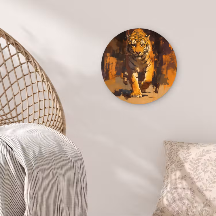 Tijger - Geschilderd - Oranje - Penseelstreken Wandcirkel kunststof plaat 5mm dik klein -sfeer5