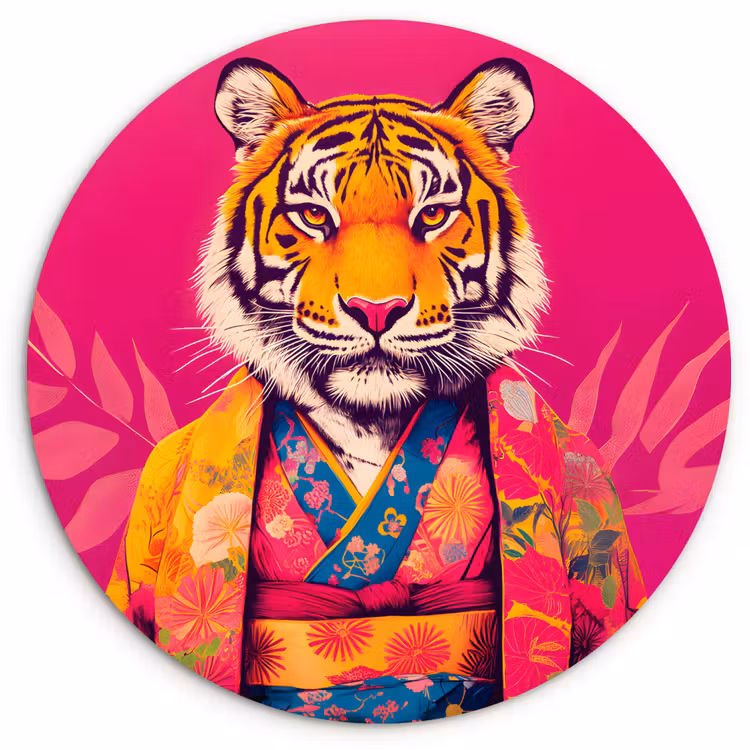 Tijger - Kimono - Planten - Roze Wandcirkel kunststof plaat 5mm dik klein -3d