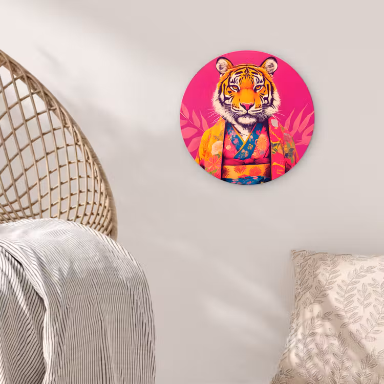 Tijger - Kimono - Planten - Roze Wandcirkel kunststof plaat 5mm dik klein -sfeer5