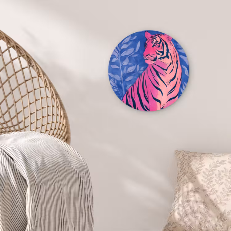 Tijger - Roze - Bladeren - Jungle Wandcirkel kunststof plaat 5mm dik klein -sfeer5