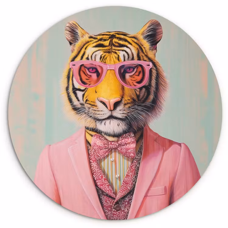 Tijger - Strik - Jasje - Roze Wandcirkel kunststof plaat 5mm dik klein -3d
