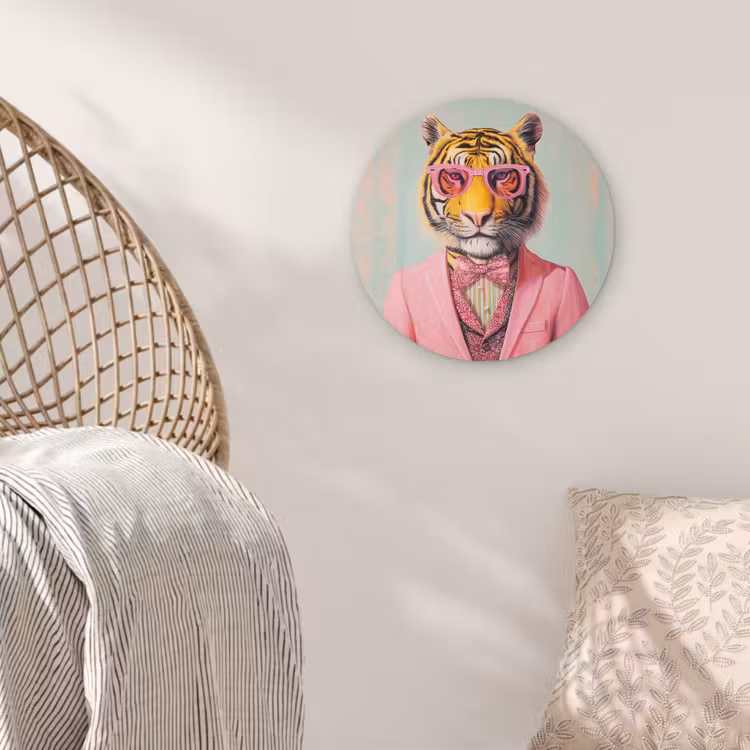 Tijger - Strik - Jasje - Roze Wandcirkel kunststof plaat 5mm dik klein -sfeer5