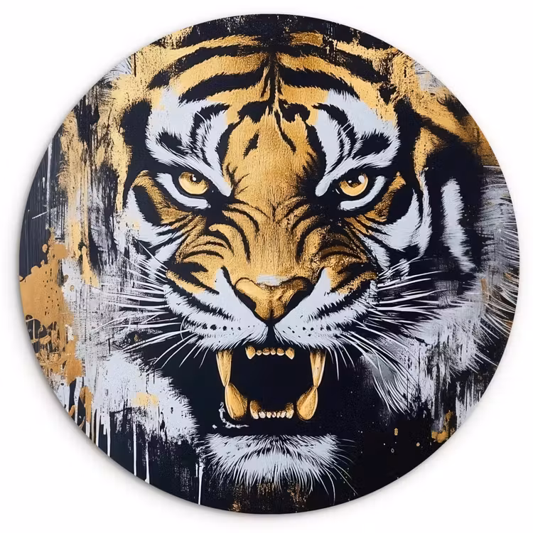 Tijger - Verfspatten - Goud Wandcirkel kunststof plaat 5mm dik klein -3d