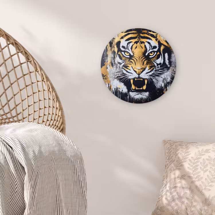 Tijger - Verfspatten - Goud Wandcirkel kunststof plaat 5mm dik klein -sfeer5