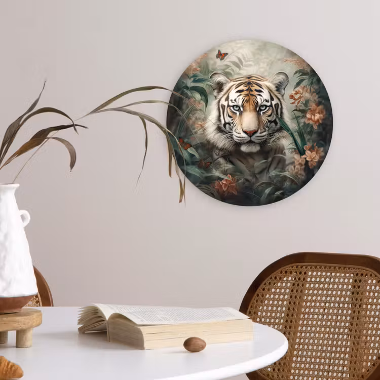 Tijger - Vlinders - Dieren - Jungle - Bloemen Wandcirkel kunststof plaat 5mm dik klein -sfeer4