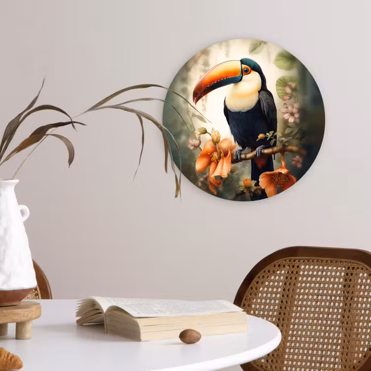 Toekan - Vogel - Bloemen - Planten Wandcirkel kunststof plaat 5mm dik klein -sfeer4