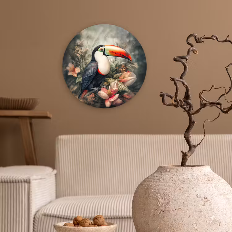 Toekan - Vogels - Bloemen - Planten - Tropisch Wandcirkel kunststof plaat 5mm dik klein -sfeer1