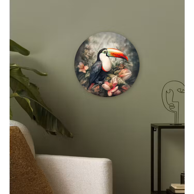 Toekan - Vogels - Bloemen - Planten - Tropisch Wandcirkel kunststof plaat 5mm dik klein -sfeer3