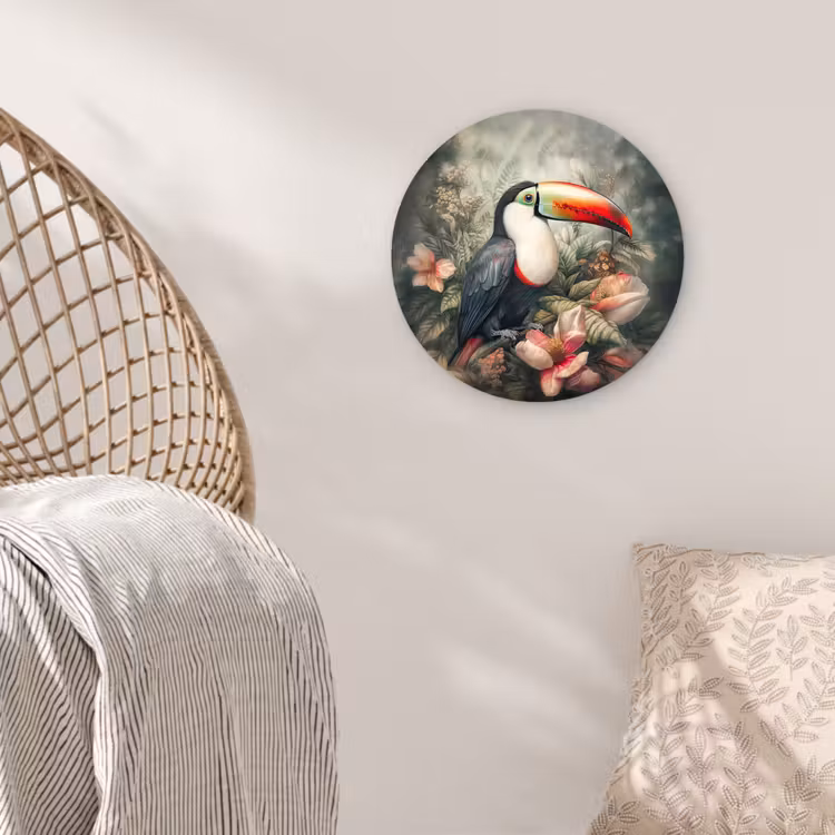 Toekan - Vogels - Bloemen - Planten - Tropisch Wandcirkel kunststof plaat 5mm dik klein -sfeer5