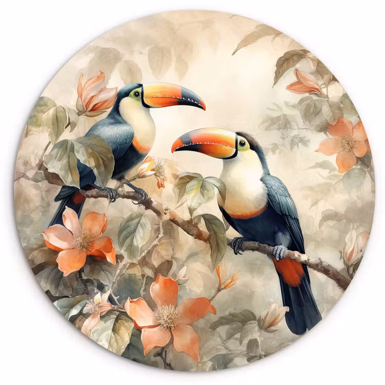Toekan - Vogels - Bloemen - Tak Wandcirkel kunststof plaat 5mm dik klein -3d