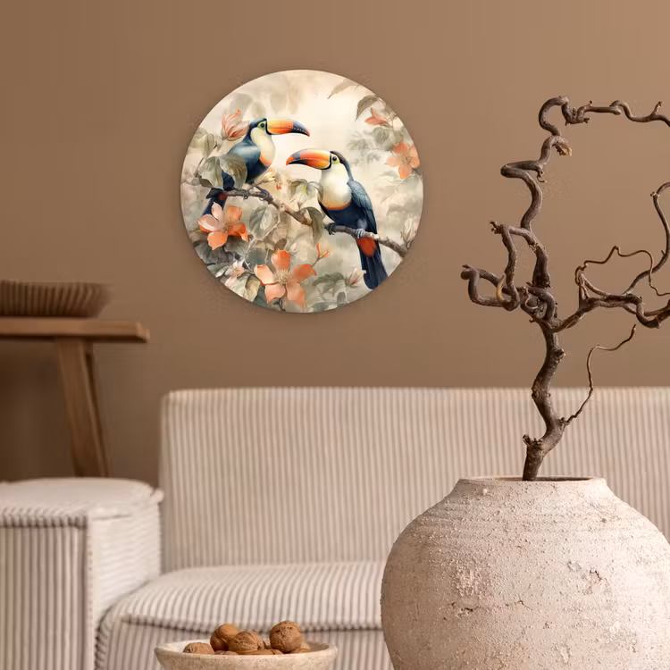 Toekan - Vogels - Bloemen - Tak Wandcirkel kunststof plaat 5mm dik klein -sfeer1
