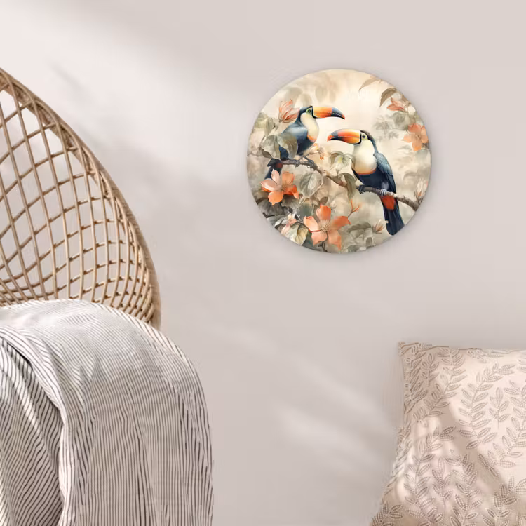 Toekan - Vogels - Bloemen - Tak Wandcirkel kunststof plaat 5mm dik klein -sfeer5