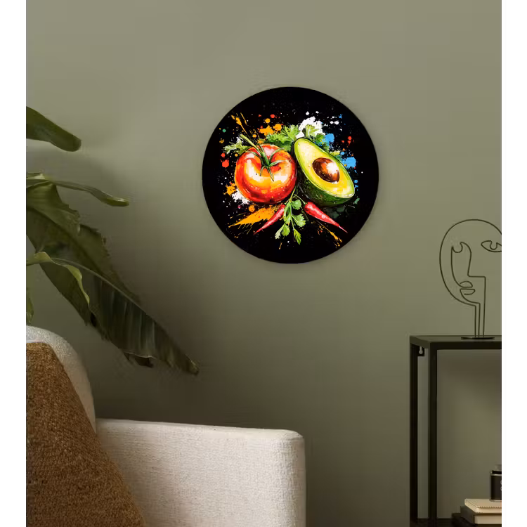 Tomaat - Avocado - Peper - Graffiti - Verf - Modern Wandcirkel kunststof plaat 5mm dik klein -sfeer3