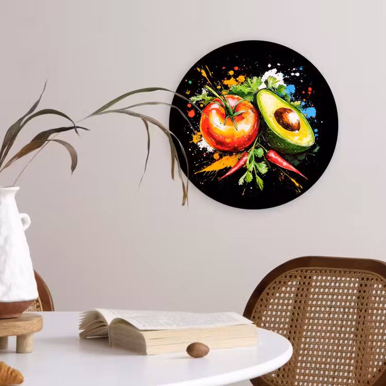 Tomaat - Avocado - Peper - Graffiti - Verf - Modern Wandcirkel kunststof plaat 5mm dik klein -sfeer4