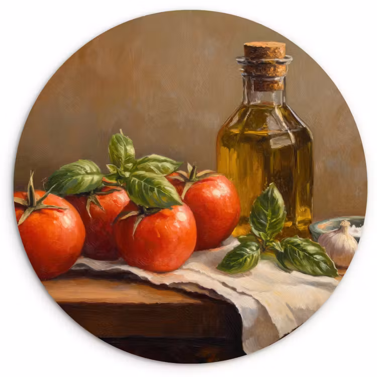 Tomaten - Olijfolie - Stilleven Wandcirkel kunststof plaat 5mm dik klein -3d