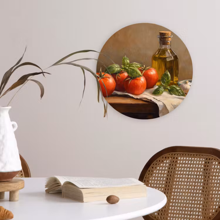 Tomaten - Olijfolie - Stilleven Wandcirkel kunststof plaat 5mm dik klein -sfeer4