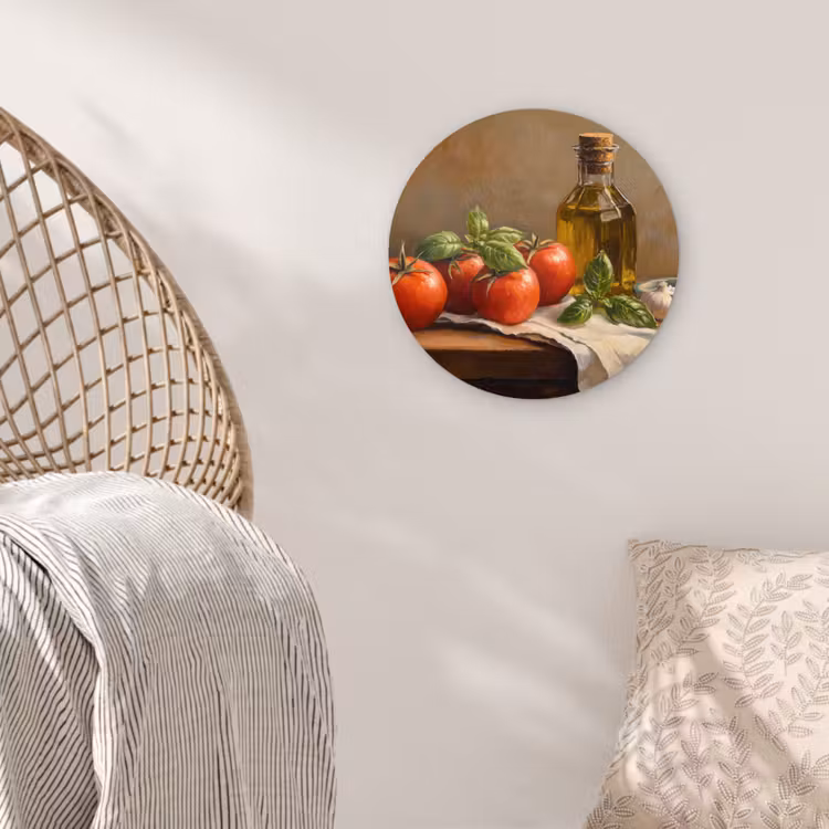 Tomaten - Olijfolie - Stilleven Wandcirkel kunststof plaat 5mm dik klein -sfeer5