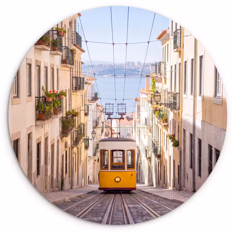 Tram - Straat - Stad - Architectuur - Geel Wandcirkel kunststof plaat 5mm dik klein -3d